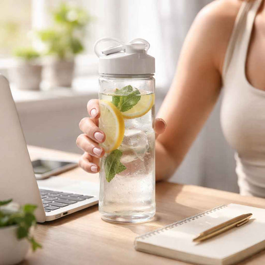 Pessoa segurando uma bebida de colágeno com limão e hortelã em um ambiente de trabalho, ilustrando se pode tomar colágeno no lugar do whey na rotina diária.